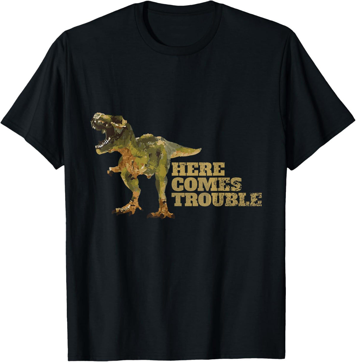 Here Comes Trouble Kids T Shirt - T-Rex Dinosaur Boys Girls T-Shirt | Premium Quality | Aesthetic Fit