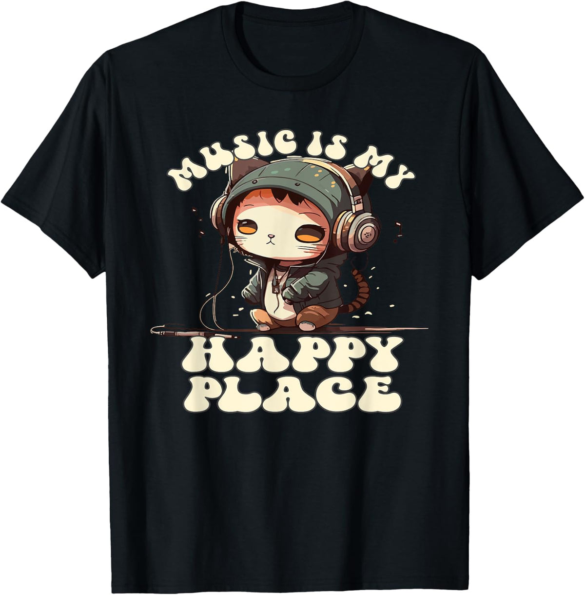 Music Is My Happy Place, Cute Headphone Cat Music Lover Men Women Girls Kids Apparel | Premium Quality | Customer Favorite